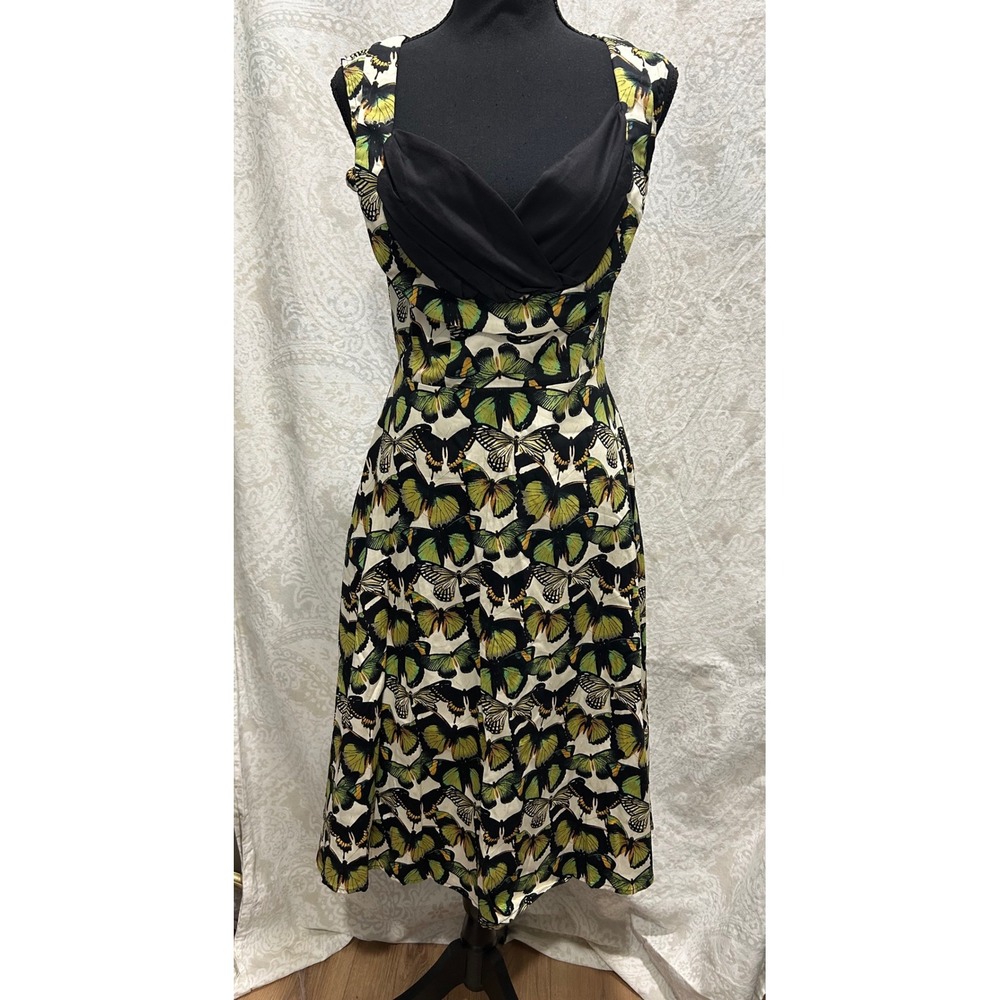 Butterfly Print Midi‎ Dress Black Bodice Sweetheart Neckline Sleeveless Retro M